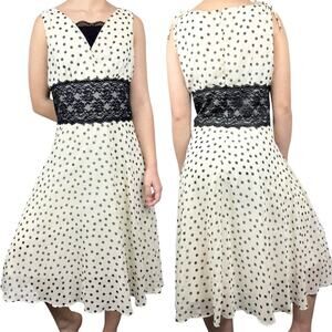 Vintage Y2K Mod Retro Polka Dot Lace Waist Babydoll Midi Dress Cream/Black Sz 8